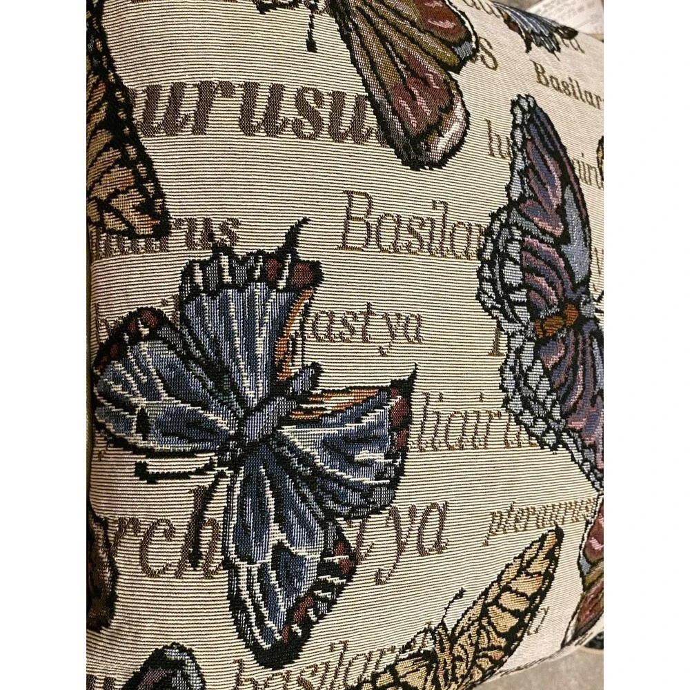 Riverdale Tapestry Throw Butterfly Pillow Butterflies Nature Fall Tan 16x16 EUC